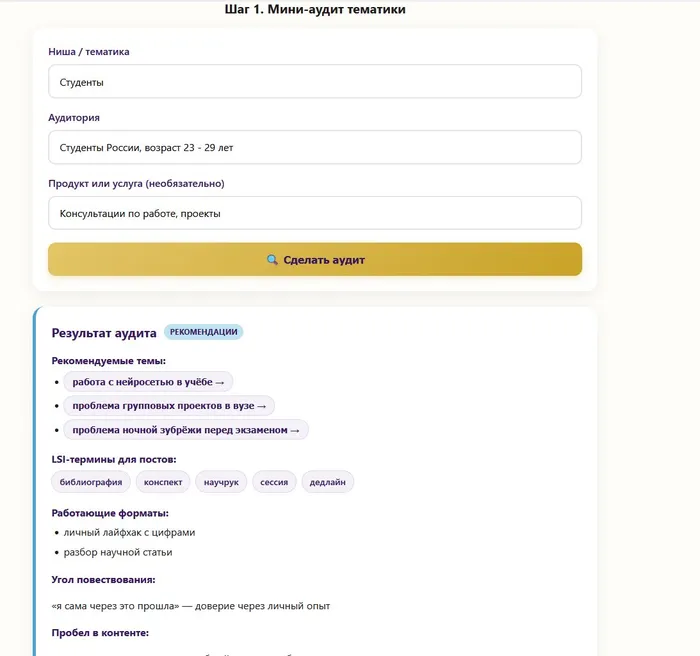 Экран сервиса: мини-аудит тематики с рекомендованными темами и форматами